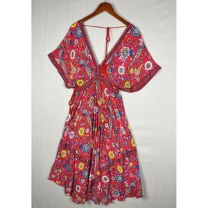 R. Vivimos Boho Maxi Dress L Red Peacock Floral Flutter Sleeve Tassel V-Neck